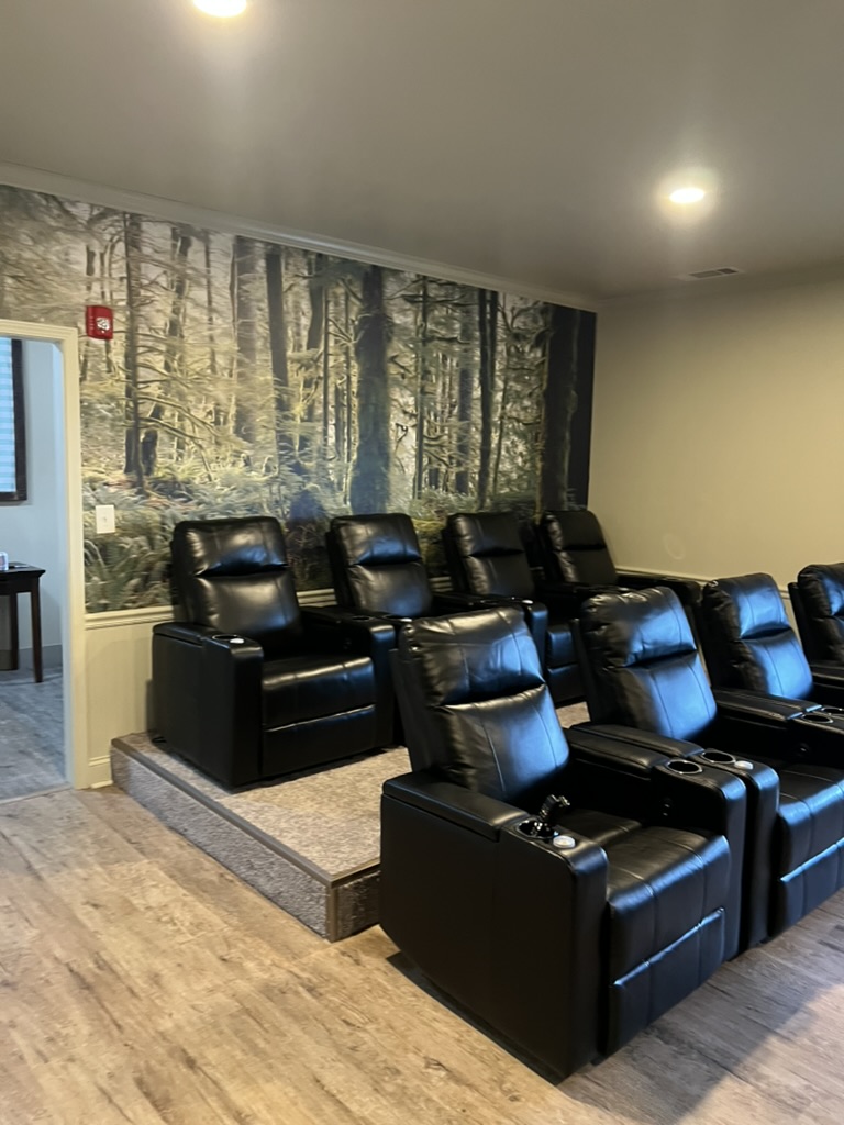 Rows of theater-style recliners in front of a full-wall forest mural in the transformed shared living space.
